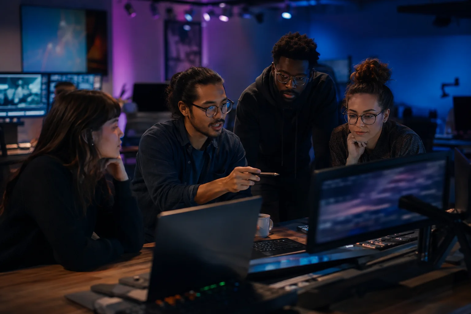 Creative team collaborating around screens in a violet-lit studio